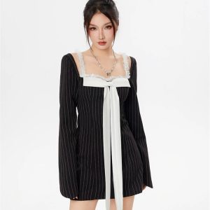 Y2K Striped Lace Bow Mini Dress - Cute Coquette & Grunge Aesthetic