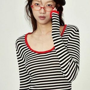 Y2K Striped Scoop Neck Top - Cute Coquette & Grunge Aesthetic Style