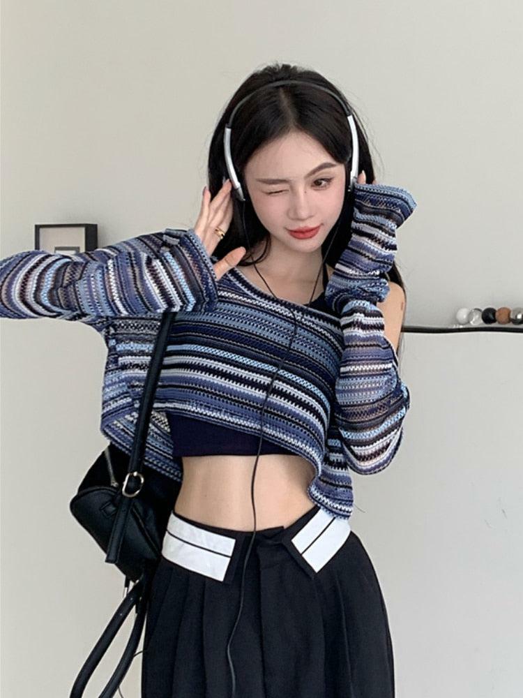 Y2K Striped Wide Neck Crop Sweater - Cute Tops for Coquette & Grunge Aesthetic