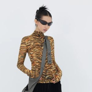 Y2K Tiger Mesh Top: Cute Grunge Aesthetic for Trendy Y2K Outfits