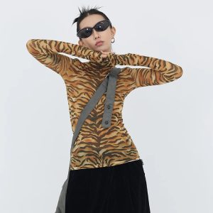 Y2K Tiger Mesh Top: Cute Grunge Aesthetic for Trendy Y2K Outfits