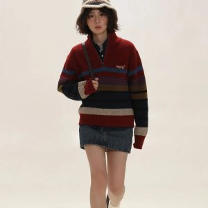 Y2K Vintage Aesthetic Knitted Zip Sweater for Coquette & Grunge Styles