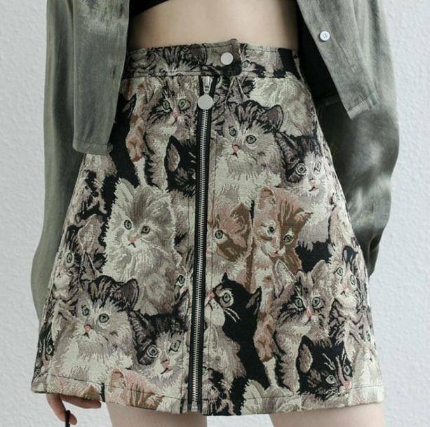 Y2K Vintage Cat Cargo Skirt - Cute Pastel Goth & Grunge Aesthetic