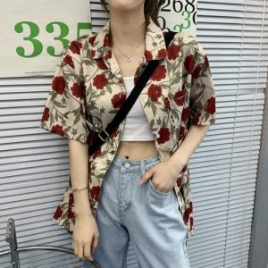 Y2K Vintage Floral Blouse - Cute Tops for Coquette & Grunge Aesthetic