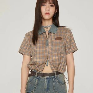 Y2K Vintage Plaid Crop Top - Cute Coquette & Grunge Aesthetic Style