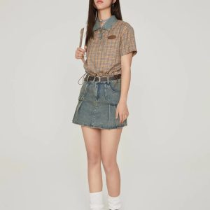 Y2K Vintage Plaid Crop Top - Cute Coquette & Grunge Aesthetic Style