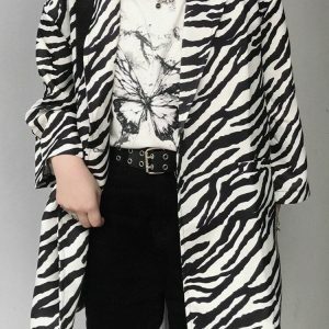 Zebra Print Long Blazer - Y2K Fashion Statement for Grunge & Coquette Aesthetic